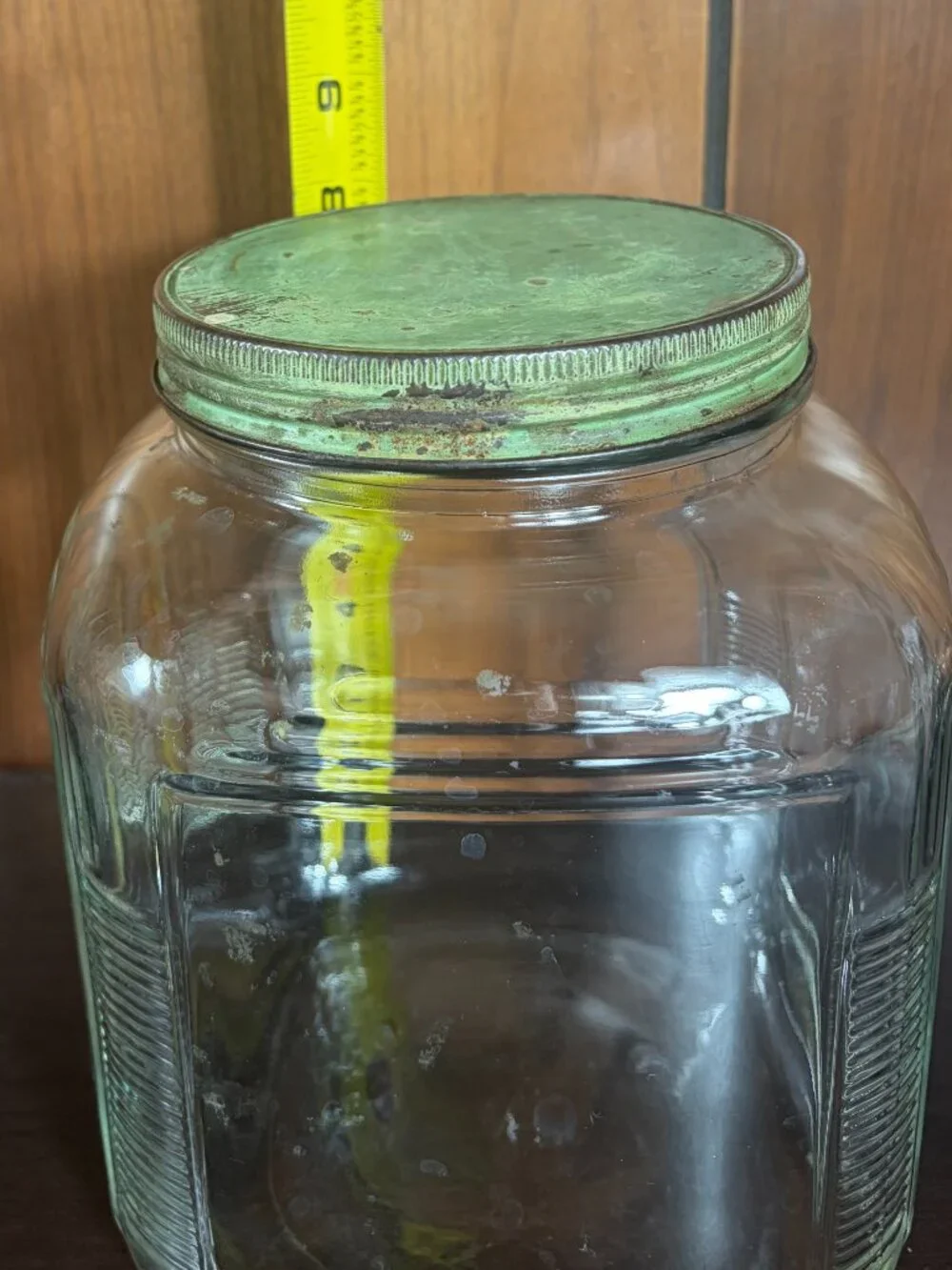 Vtg Square Glass Storage Jar Hoosier Cabinet Canister Ribbed Corners Metal Lid